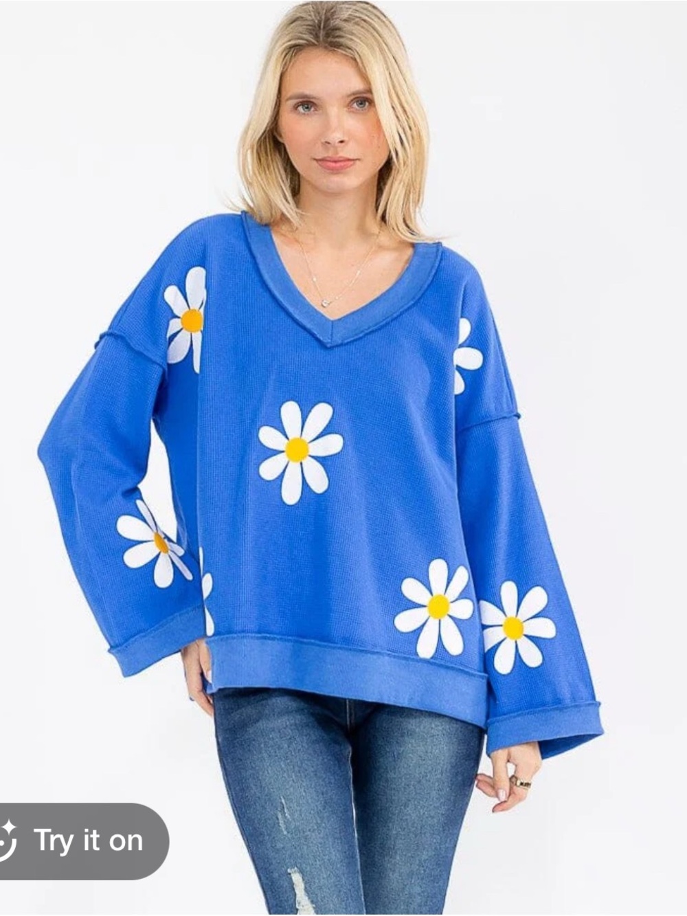 BIBI Daisy Print V-Neck Pullover waffle knit size large floral oversized NWOT